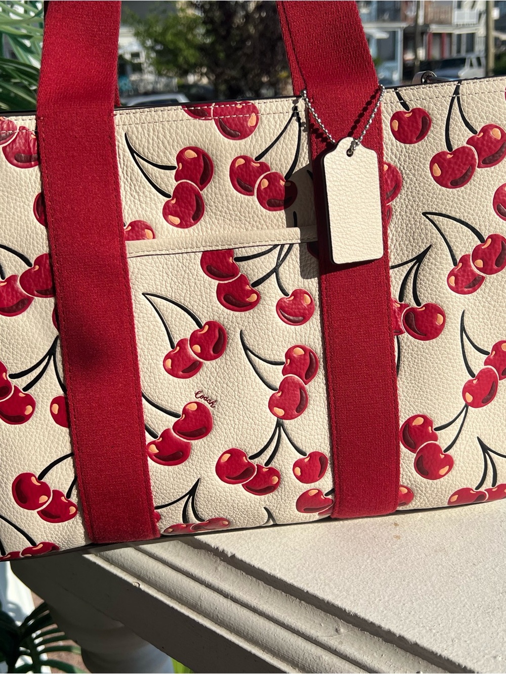 Coach Cream Canvas Tote with Red Cherry Print and Red Straps